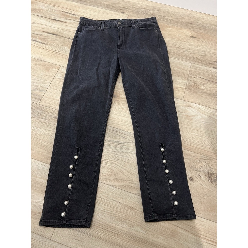 PAIGE Julia High Rise Straight Leg Black Jeans Size 32 Pearl Button Made USA